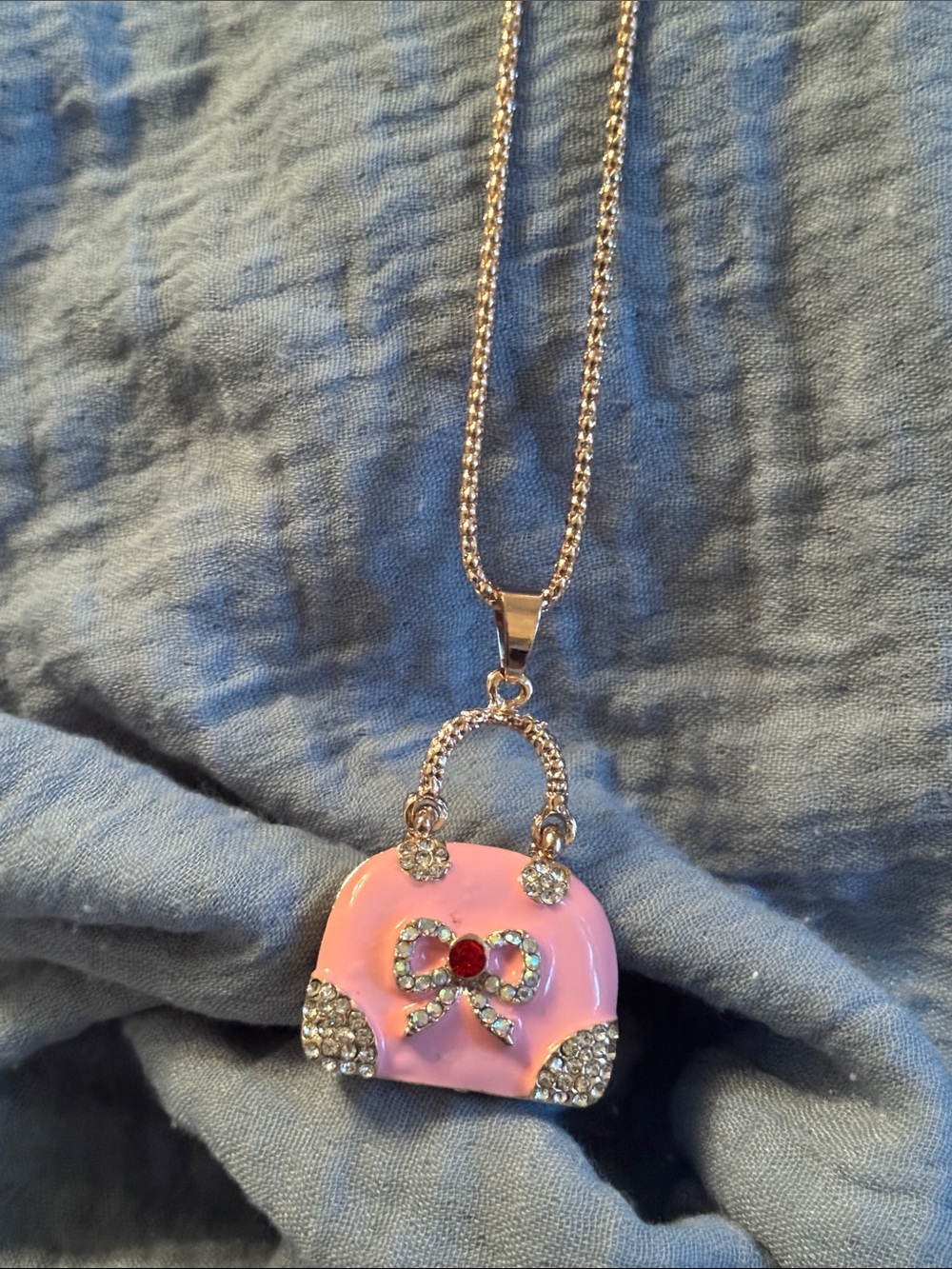Betsey Johnson Pink Rhinestone Purse Pendant Necklace